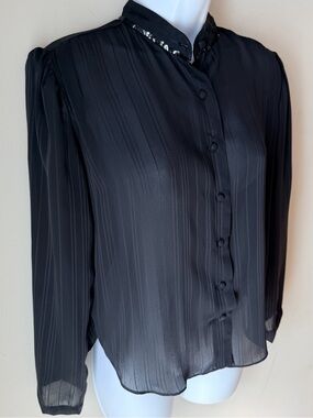 Black Sheer Blouse Sequin Collar Button Front - Dark Romantic Dark Academia Goth